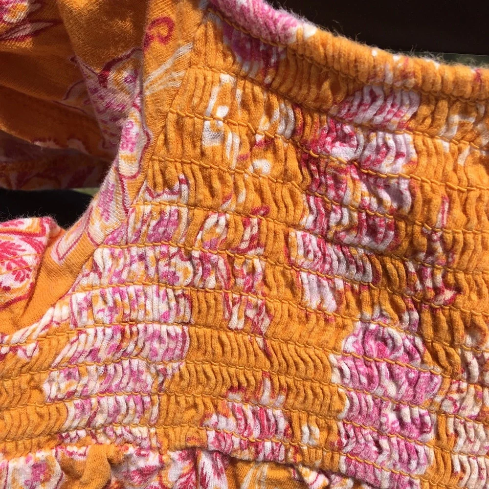 Old Navy Smocked Flutter Sleeve Top Orange with Pink Floral S (6-7)
